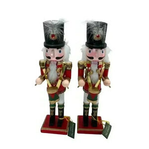 Wood Christmas 15" Nutcracker Set Drummer Soldier Top Hat Red Gold Holiday Decor